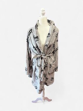 Cozy Grey Plush Robe with Monogram Print